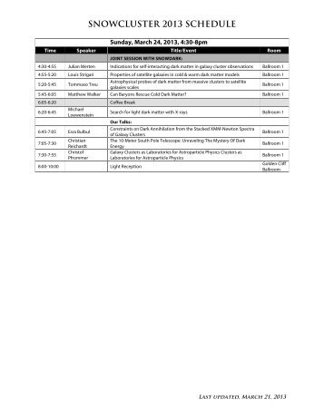 SNOWCLUSTER 2013 SCHEDULE