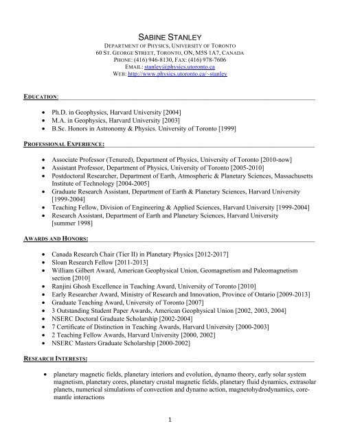 CV (in pdf) - Department of Physics - University of Toronto