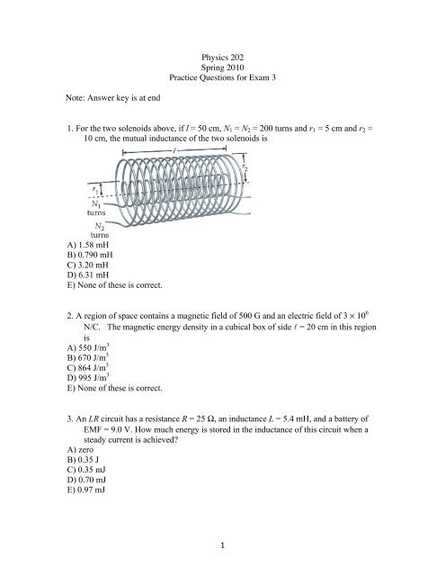 Practice Questions For Exam 3 Phys 2 1