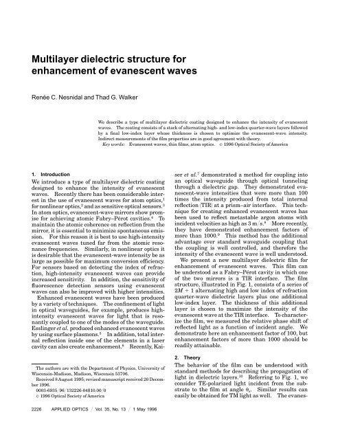Multilayer dielectric structure for enhancement of evanescent waves