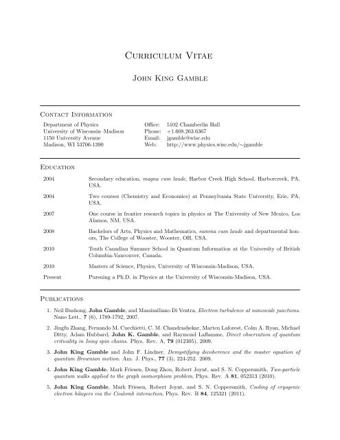 Curriculum Vitae - Department of Physics - University of Wisconsin ...