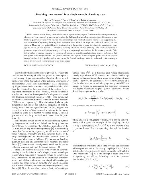 Phys. Rev. E 67, 067201 (2003): Breaking time reversal in a simple ...