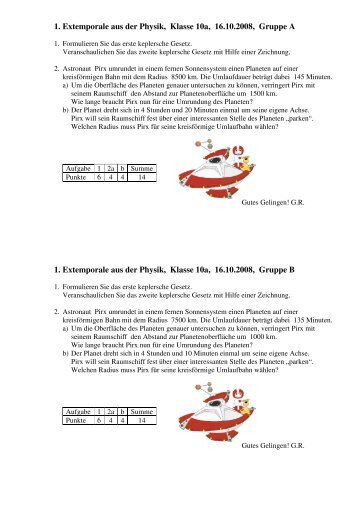 1. Extemporale aus der Physik, Klasse 10a, 16.10.2008, Gruppe A 1 ...