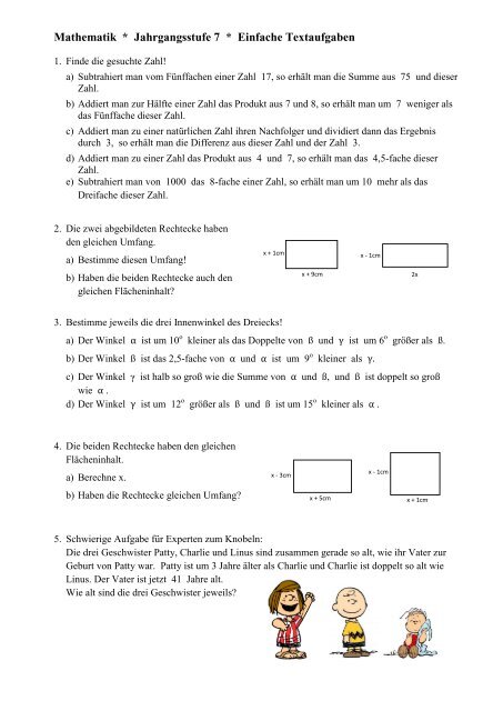 Mathematik * Jahrgangsstufe 7 * Einfache Textaufgaben