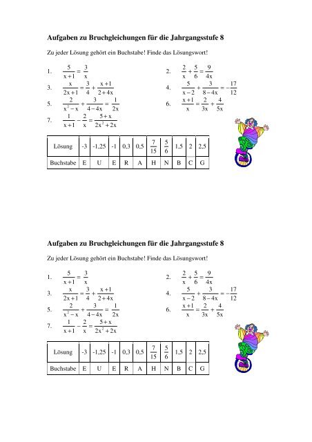 Aufgaben zu Bruchgleichungen fÃ¼r die Jahrgangsstufe 8 Aufgaben ...