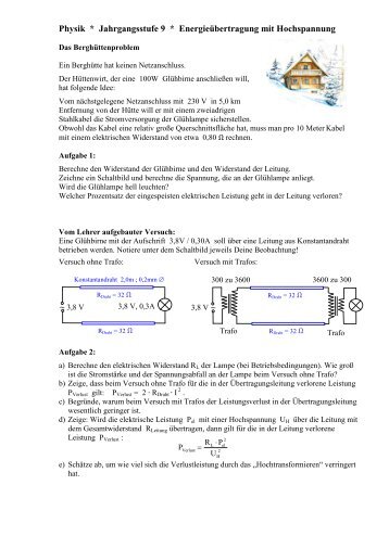 Physik * Klasse 9b * EnergieÃ¼bertragung mit Hochspannung