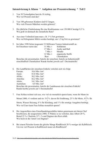 Intensivierung 6. Klasse * Aufgaben zur Prozentrechnung * Teil 2