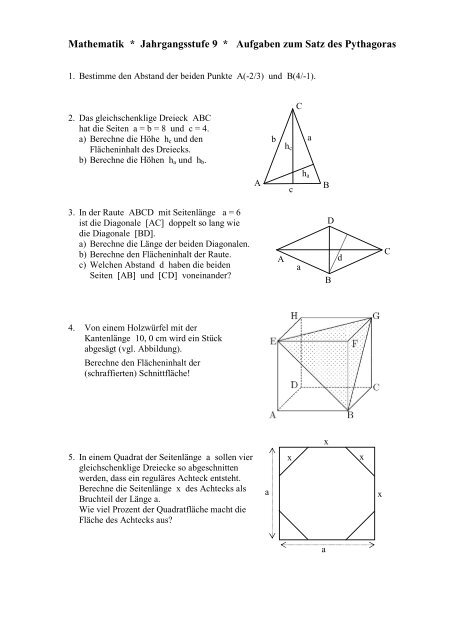5 Aufgaben zum Satz von Pythagoras