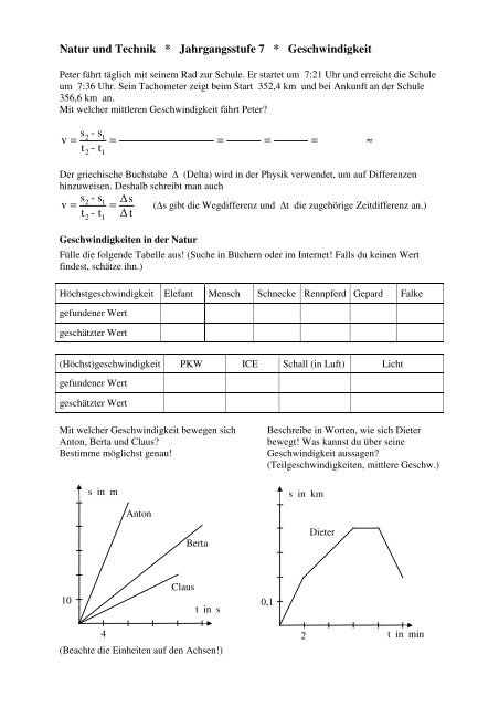 Physik Geschwindigkeit Aufgaben Lösungen Pdf Arbeitsblatt zur Geschwindigkeit