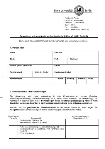 Bewerbung auf eine Stelle als Studentische Hilfskraft (Â§121 BerlHG ...