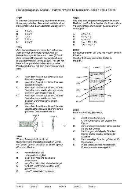 Prüfungsfragen zu Kapitel 7, Harten: “Physik für Mediziner“. Seite 1 ...