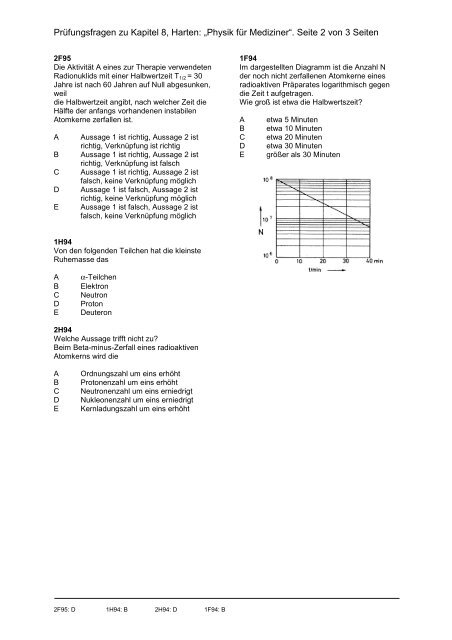 Prüfungsfragen zu Kapitel 8, Harten: „Physik für Mediziner“. Seite 1 ...