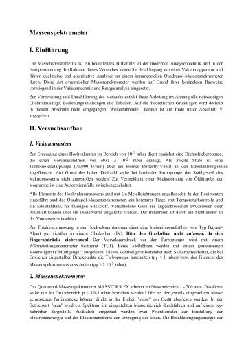 Massenspektrometer I. EinfÃ¼hrung II. Versuchsaufbau