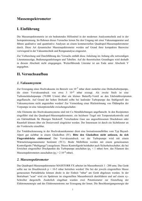 Massenspektrometer I. EinfÃ¼hrung II. Versuchsaufbau