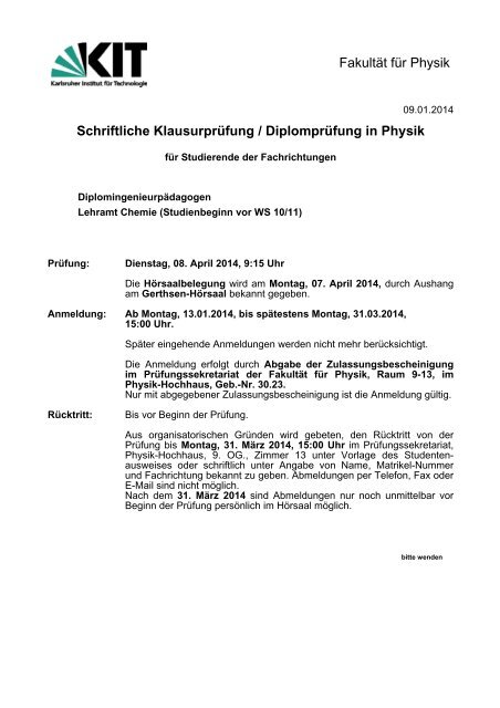 Klausur AnkÃ¼ndigung - FakultÃ¤t fÃ¼r Physik - KIT