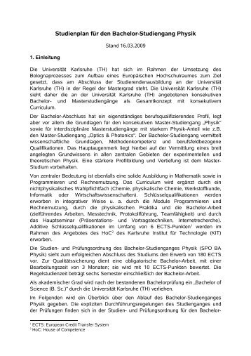 Studienplan zur PO2008 Bachelor Physik - FakultÃ¤t fÃ¼r Physik - KIT