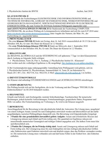 Klausur Physik II - Physikzentrum der RWTH Aachen