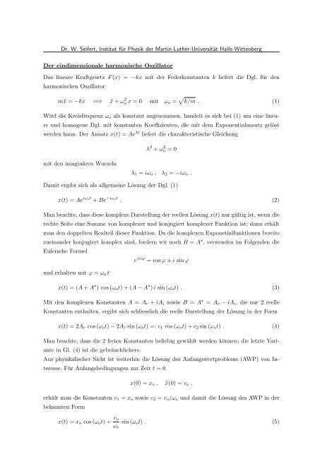 Der eindim. harmonische Oszillator - Institut fÃ¼r Physik - Martin ...