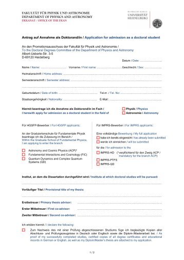 Antrag auf Annahme als Doktorand/in / Application for admission as ...