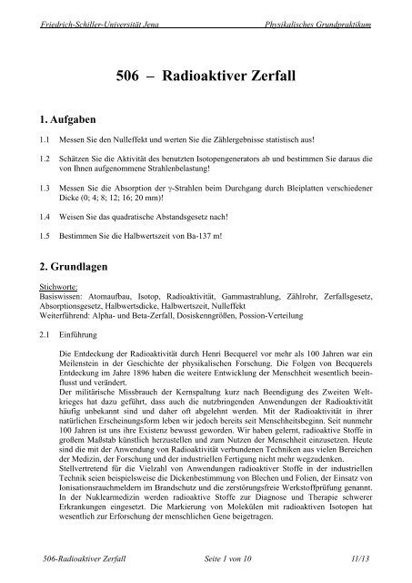 506 â Radioaktiver Zerfall - Friedrich-Schiller-UniversitÃ¤t Jena