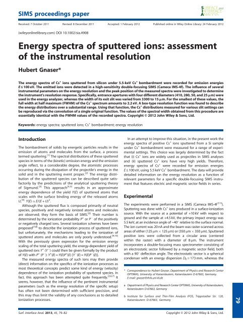 Energy spectra of sputtered ions: assessment of the instrumental ...