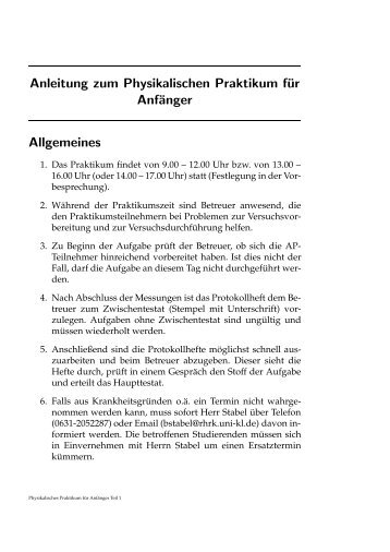 Anleitung zum Physikalischen Praktikum fÃ¼r AnfÃ¤nger Allgemeines