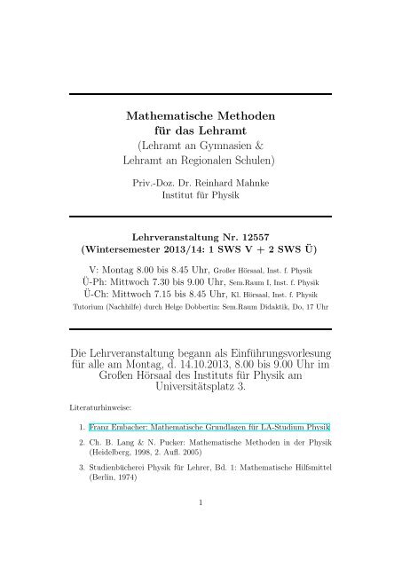 Mathematische Methoden für das Lehramt ... - Institut für Physik
