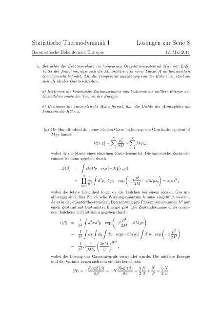 Statistische Thermodynamik I LÃ¶sungen zur Serie 8