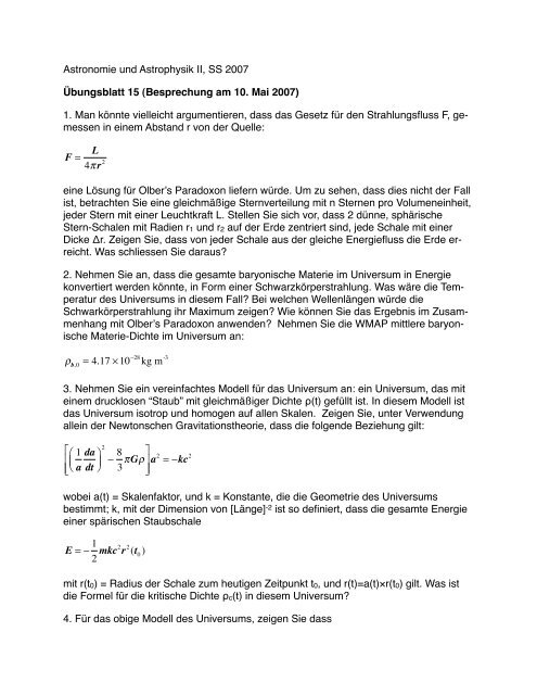 Astronomie und Astrophysik II, SS 2007 Ãbungsblatt 15 ...
