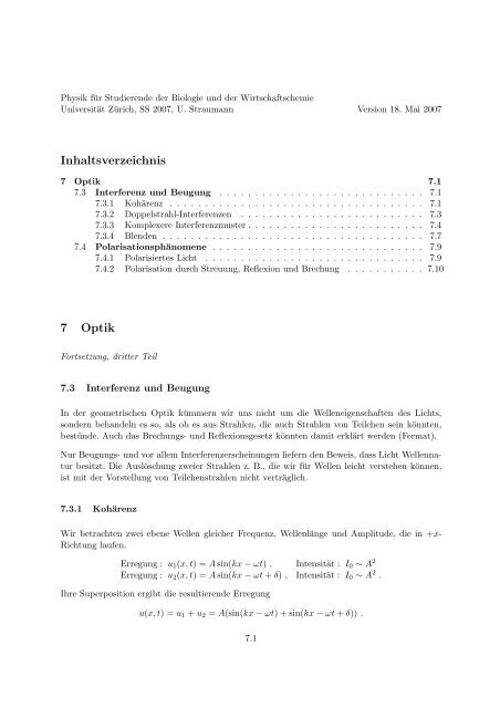 Interferenz, Beugung, Polarisation - UniversitÃ¤t ZÃ¼rich