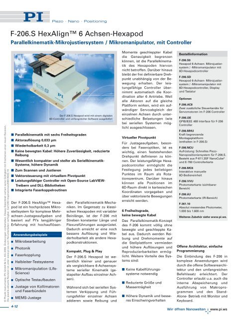 F-206.S HexAlign™ 6 Achsen-Hexapod (PDF) - PI