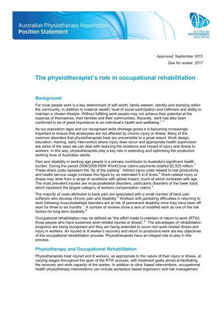 The physiotherapist's role in occupational rehabilitation - Australian ...