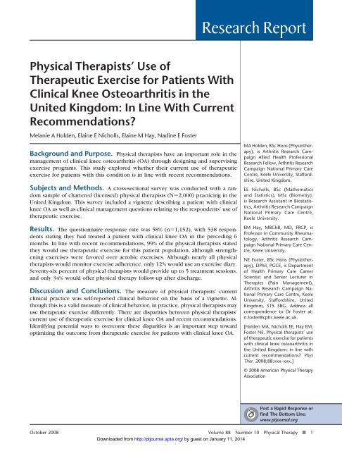 Physical Therapists' Use of Therapeutic Exercise for Patients With ...