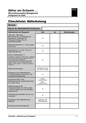 Checkliste: Abferkelung - PIC Deutschland GmbH