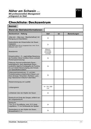 Checkliste: Deckzentrum - PIC Deutschland GmbH