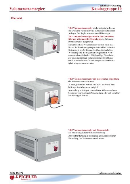 Volumenstromregler Kataloggruppe 10 - Pichler