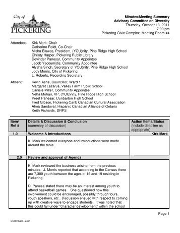 Advisory Committee on Diversity Minutes, October ... - City of Pickering