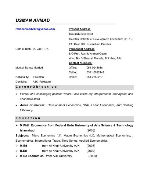 View Resume - Pakistan Institute of Development Economics