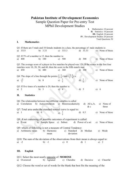 Sample Paper for Pre-entry Test - Pakistan Institute of Development ...