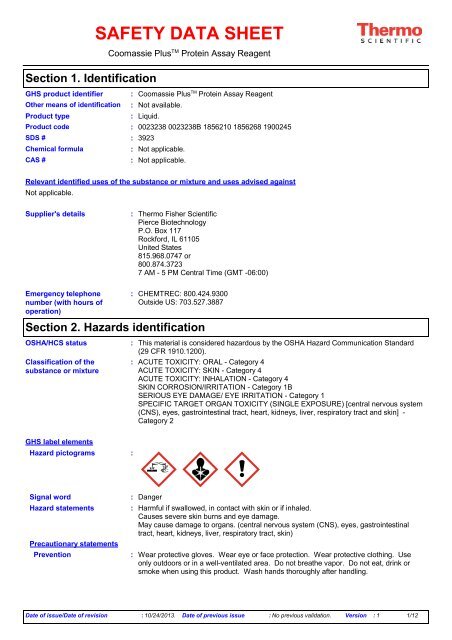 Page 1 Coomassie PlusTM Protein Assay Reagent 0023238 ...