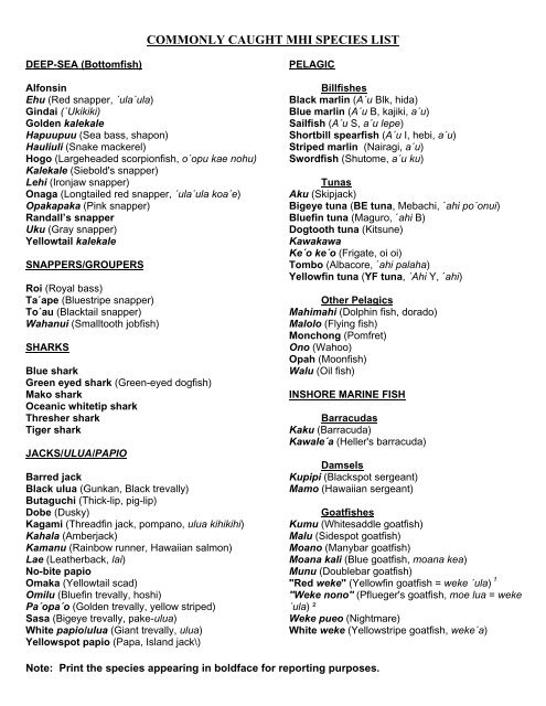 Commonly Caught MHI Species List (0.1 MB PDF)