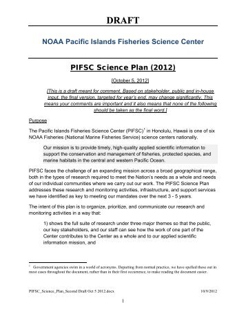 PIFSC draft Science Plan - Pacific Islands Fisheries Science Center ...