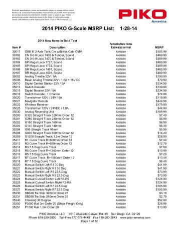 2014 PIKO G-Scale MSRP List: 1-28-14 - PIKO America