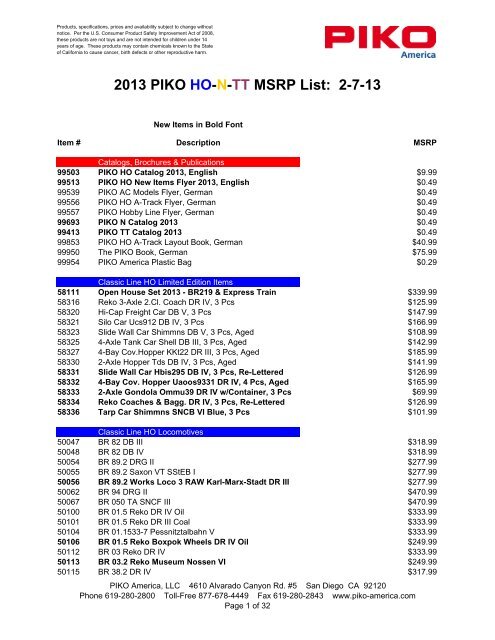 2013 PIKO HO-N-TT MSRP List: 2-7-13 - PIKO America