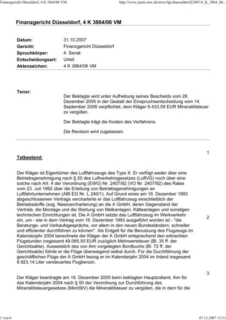 Finanzgericht DÃ¼sseldorf, 4 K 3864/06 VM - Pilot und Flugzeug