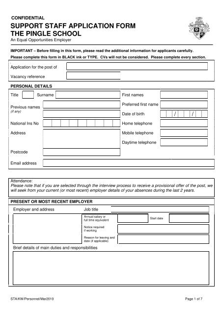 SUPPORT STAFF APPLICATION FORM THE PINGLE SCHOOL