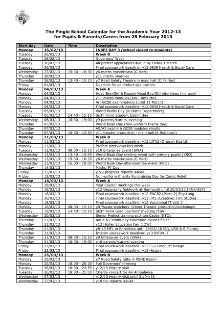 Full Calendar - The Pingle School