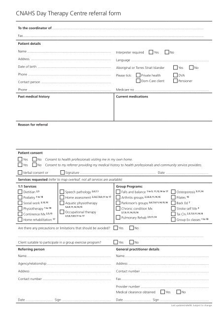 CNAHS Day Therapy Centre referral form - Falls Prevention in SA