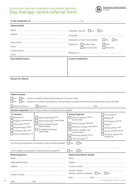 Day therapy centre referral form - Falls Prevention in SA