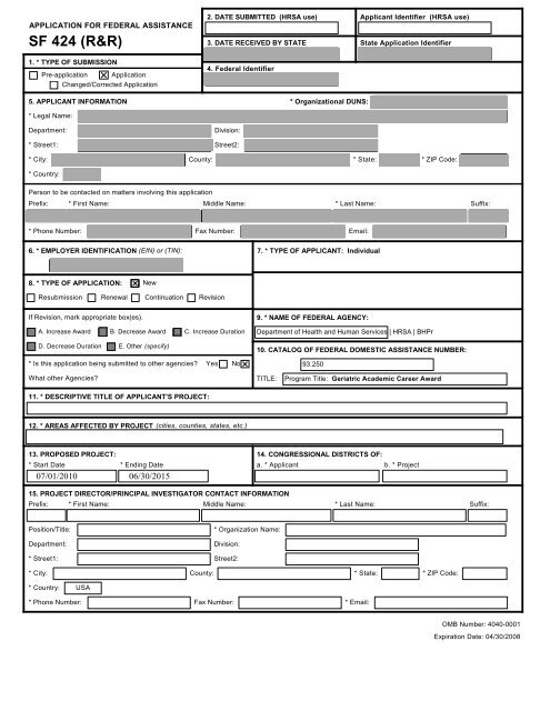 Standard Form 424 (R&R) - HRSA